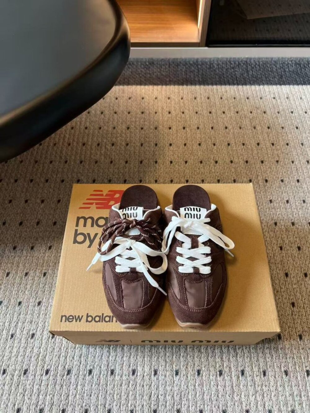 Miu Miu x New Balance Chocolate Brown Suede Nylon Slip-On Mule Sneakers